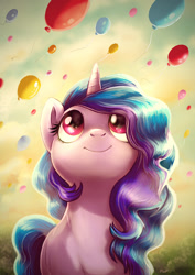 Size: 707x1000 | Tagged: safe, artist:yulyeen, izzy moonbow, pony, unicorn, g5, my little pony: a new generation, spoiler:g5, balloon, cloud, cute, female, izzybetes, looking up, mare, sky, smiling, solo