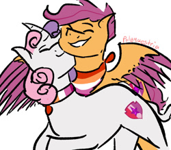 Size: 945x827 | Tagged: safe, artist:lieutenantcactus, scootaloo, sweetie belle, pegasus, pony, unicorn, g4, bandana, colored wings, cute, duo, duo female, eyes closed, female, gritted teeth, jewelry, lesbian, lesbian pride flag, necklace, nuzzling, pride, pride flag, ship:scootabelle, shipping, signature, simple background, small ears, smiling, spread wings, teeth, white background, wings