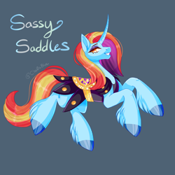 Size: 2048x2048 | Tagged: safe, artist:cha0sblue, sassy saddles, pony, unicorn, g4, blue background, clothes, colored pupils, curved horn, cute, digital art, female, high res, horn, lidded eyes, long horn, looking at you, mare, orange eyes, orange mane, orange tail, signature, simple background, smiling, smiling at you, solo, tail, teeth, unshorn fetlocks