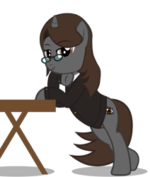 Size: 5177x6102 | Tagged: safe, artist:mrvector, oc, oc:sonata, pony, unicorn, elements of justice, turnabout storm, absurd resolution, bipedal, bipedal leaning, clothes, desk, female, leaning, looking at you, mare, simple background, solo, suit, transparent background, vector
