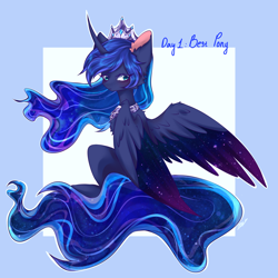 Size: 1900x1900 | Tagged: safe, artist:rainbowmoon2512, princess luna, alicorn, pony, blue background, blue eyes, blue mane, blue tail, blushing, chest fluff, crown, curved horn, digital art, ear fluff, ethereal mane, ethereal tail, feather, female, flowing mane, flowing tail, horn, hybrid wings, jewelry, looking at you, mare, peytral, regalia, signature, simple background, solo, spread wings, starry mane, starry tail, starry wings, tail, wings