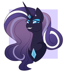 Size: 1079x1199 | Tagged: safe, artist:lulubell, nightmare rarity, pony, unicorn, g4, blue sclera, bust, evil smile, eyeshadow, fangs, female, gradient mane, grin, looking at you, looking down, looking down at you, makeup, mare, passepartout, peytral, smiling, solo