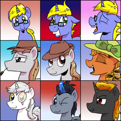 Size: 1280x1280 | Tagged: safe, artist:pony-berserker, oc, oc:final drive, oc:longhaul, oc:shadowed ember, oc:silver sickle, oc:slipstream, oc:southern comfort, bow, front view, glasses, hat, looking at you, one eye closed, patreon, patreon reward, profile, profile picture, scar, wink, winking at you
