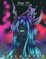 Size: 1500x1900 | Tagged: safe, artist:rainbowmoon2512, queen chrysalis, changeling, g4, chest fluff, colored pupils, crown, cute, digital art, eyelashes, female, green eyes, green mane, horn, jewelry, lidded eyes, looking at you, mare, regalia, signature, smiling, smiling at you, solo, stars