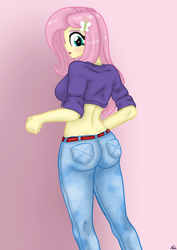 Size: 2702x3827 | Tagged: safe, artist:lennondash, fluttershy, human, equestria girls, g4, spoiler:comic64, ass, belt, blushing, breasts, busty fluttershy, butt, clothes, denim, eyeshadow, flutterbutt, front knot midriff, high res, jeans, looking at you, looking back, makeup, midriff, pants, rear view, short shirt, solo