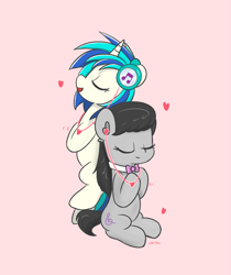 Size: 1717x2048 | Tagged: safe, artist:limitmj, dj pon-3, octavia melody, vinyl scratch, earth pony, pony, unicorn, g4, cute, eyes closed, female, floating heart, headphones, heart, lesbian, mare, open mouth, open smile, pink background, ship:scratchtavia, shipping, simple background, smiling, tavibetes, vinylbetes