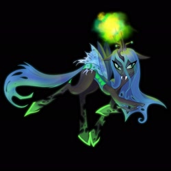 Size: 2048x2048 | Tagged: safe, artist:canopygalactica, queen chrysalis, changeling, changeling queen, g4, black background, clothes, colored pupils, crown, digital art, fangs, female, flowing mane, flowing tail, glowing, glowing horn, green eyes, green mane, high res, horn, jewelry, magic, regalia, see-through, simple background, solo, tail, wings