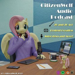 Size: 2000x2000 | Tagged: safe, artist:citizenwolf, fluttershy, pegasus, anthro, g4, 3d, advertisement, blender, blender cycles, carpet, cellphone, clothes, computer, drawing tablet, headphones, high res, laptop computer, microphone, mug, notepad, pencil, phone, source filmmaker, sweater, table, text, title card, toy