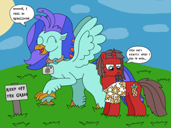 Size: 3140x2355 | Tagged: safe, artist:supahdonarudo, oc, oc only, oc:ironyoshi, oc:sea lilly, classical hippogriff, hippogriff, pony, unicorn, atg 2022, camera, clothes, cloud, dialogue, grass, high res, jewelry, necklace, newbie artist training grounds, pure unfiltered evil, shirt, sign, speech bubble, sun, text