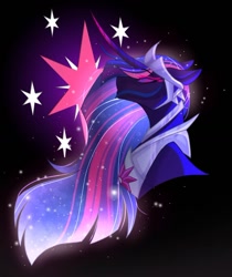 Size: 992x1181 | Tagged: safe, artist:moonlight23345, twilight sparkle, alicorn, pony, g4, the last problem, black background, bust, colored pupils, corrupted, corrupted twilight sparkle, crown, curved horn, cutie mark, cutie mark background, digital art, ethereal mane, evil twilight, female, flowing mane, glowing, horn, jewelry, looking up, mare, nightmare twilight, nightmarified, older, older twilight, older twilight sparkle (alicorn), peytral, princess twilight 2.0, purple eyes, regalia, simple background, solo, starry mane, stars, twilight sparkle (alicorn)