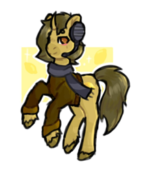 Size: 904x1013 | Tagged: safe, artist:lilara, oc, oc only, oc:sagiri himoto, pony, unicorn, blushing, brown coat, brown eyes, brown mane, brown tail, clothes, ears, ears up, food, headphones, horn, lemon, looking at you, scarf, simple background, smiling, smiling at you, solo, sweater, tail, unicorn oc, white background
