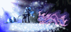 Size: 1025x470 | Tagged: safe, artist:amous-anona, artist:equum_amici, artist:galopade, princess luna, tantabus, alicorn, pony, g4, 2015, absurd file size, absurd gif size, animated, cinemagraph, duo, female, gif, leonine tail, looking at each other, looking at someone, mare, old art, tail