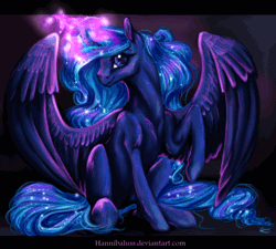Size: 910x819 | Tagged: safe, artist:equum_amici, artist:lanteria, princess luna, alicorn, pony, g4, 2015, absurd file size, absurd gif size, animated, cinemagraph, female, gif, magic, mare, old art, raised hoof, sitting, solo, spread wings, wings