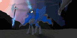 Size: 1000x500 | Tagged: safe, artist:equum_amici, artist:whoovespon3, princess luna, alicorn, pony, g4, 2016, animated, armor, cinemagraph, female, glowing, glowing horn, halberd, horn, mare, new lunar republic, old art, solo, spread wings, weapon, wings