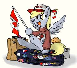 Size: 1000x885 | Tagged: safe, artist:blayaden, artist:equum_amici, derpy hooves, pegasus, pony, g4, 2016, :d, animated, baseball cap, canada, cap, cinemagraph, clothes, earthbound, female, flag, food, hat, hoof hold, mare, muffin, old art, onett, open mouth, open smile, simple background, sitting, smiling, solo, spread wings, suitcase, sweater, tail, threed, white background, wings