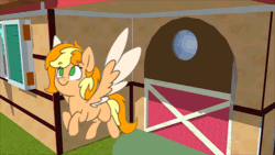 Size: 960x540 | Tagged: safe, artist:equum_amici, artist:spacechickennerd, oc, oc only, oc:chickpea, pegasus, pony, 2016, animated, dialogue, flying, house, old art, pegasus oc, solo, speech bubble, video at source
