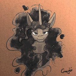 Size: 600x600 | Tagged: safe, artist:equum_amici, artist:greyscaleart, princess luna, alicorn, pony, g4, 2018, animated, bust, cinemagraph, constellation, female, freckles, grayscale, headbob, lidded eyes, looking at you, mare, monochrome, old art, signature, smiling, smug, solo, traditional art