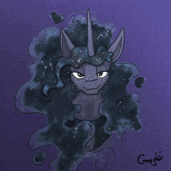 Size: 700x700 | Tagged: safe, artist:equum_amici, artist:greyscaleart, princess luna, alicorn, pony, 2018, :3, absurd file size, absurd gif size, animated, bust, cinemagraph, constellation, female, freckles, gif, headbob, lidded eyes, looking at you, mare, old art, smiling, smug, solo, traditional art