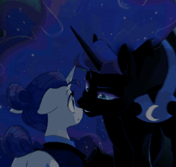 Size: 2282x2160 | Tagged: safe, artist:equum_amici, artist:kianamai, nightmare moon, rarity, alicorn, pony, unicorn, g4, 2016, :t, absurd file size, alternate hairstyle, alternate timeline, animated, bedroom eyes, boop, butt, cinemagraph, cute, eye contact, female, floppy ears, glowing, glowing eyes, grin, high res, lesbian, looking at each other, looking at someone, missing accessory, night maid rarity, nightmare takeover timeline, nose wrinkle, noseboop, nuzzling, old art, plot, raised hoof, scrunchy face, ship:nightrarity, shipping, smiling, sound, webm, wide eyes
