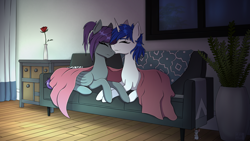 Size: 3840x2160 | Tagged: safe, artist:alicetriestodraw, oc, oc only, oc:catmint, oc:mysza, mouse, pegasus, pony, unicorn, blanket, couch, cupboard, curtains, duo, duo female, eyes closed, female, flower, high res, interior, mare, night, rose, snuggling, vase, window, wings