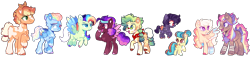 Size: 6259x1636 | Tagged: safe, artist:moccabliss, applejack, rainbow dash, oc, oc:citrus splash, oc:heaven skies, oc:jayden skylark, oc:malus redwood, oc:sandcastle, oc:sugar rush, oc:wipsting, earth pony, pegasus, pony, g4, alternate design, base used, bow, chest fluff, cloud pattern, colored hooves, colored pinnae, colored wings, feathered fetlocks, female, filly, foal, hair bow, heart, heart ears, heart mark, heterochromia, hoof over mouth, lightning pattern, magical lesbian spawn, male, mare, multicolored hair, multicolored wings, no pupils, offspring, open mouth, open smile, parent:applejack, parent:rainbow dash, parents:appledash, rainbow hair, rainbow tail, rainbow wings, raised hoof, scar, simple background, smiling, stallion, tail, tail bow, transparent background, two toned wings, unamused, wings