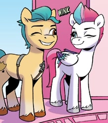 Size: 426x487 | Tagged: safe, idw, official comic, hitch trailblazer, zipp storm, earth pony, pegasus, pony, g5, spoiler:comic, spoiler:g5comic, spoiler:g5comic03, cropped, duo, duo male and female, female, looking at each other, looking at someone, male, mare, one eye closed, shipping fuel, stallion, wink