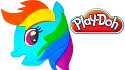 Size: 1280x720 | Tagged: safe, artist:little star stop motion, rainbow dash, pegasus, pony, g4, bust, cute, female, head, mare, multicolored hair, multicolored mane, open mouth, open smile, play-doh, portrait, simple background, smiling, solo, white background