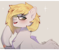 Size: 2356x2000 | Tagged: safe, artist:anku, oc, oc only, oc:ludwig von leeb, pegasus, pony, blushing, chest fluff, colored pupils, eyebrows, eyebrows visible through hair, glasses, high res, hoof fluff, looking at you, male, open mouth, open smile, partially open wings, pony oc, simple background, smiling, smiling at you, solo, stallion, wings