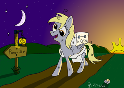 Size: 1200x849 | Tagged: safe, artist:darkdabula, derpy hooves, pegasus, pony, g4, atg 2022, lantern, moon, newbie artist training grounds, sign, solo, sunrise