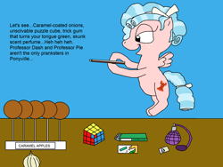 Size: 2000x1500 | Tagged: safe, artist:blazewing, cozy glow, pegasus, pony, g4, atg 2022, blue background, bow, chewing gum, clipboard, colored background, devious, dialogue, drawpile, female, filly, flying, foal, food, hair ribbon, label, newbie artist training grounds, onion, perfume, prank, ribbon, rubik's cube, simple background, smiling, sneaky, solo, table, tail, text