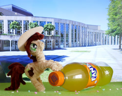 Size: 2373x1870 | Tagged: safe, artist:malte279, oc, oc:canni soda, earth pony, pony, galacon, chenille, chenille stems, chenille wire, craft, earth pony oc, fanta, hat, mascot, pipe cleaner sculpture, pipe cleaners