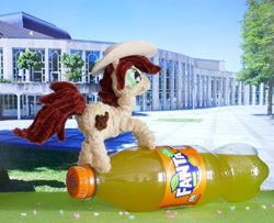 Size: 2322x1886 | Tagged: safe, artist:malte279, oc, oc:canni soda, earth pony, pony, galacon, chenille, chenille stems, chenille wire, craft, earth pony oc, fanta, hat, mascot, pipe cleaner sculpture, pipe cleaners