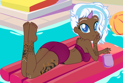 Size: 2016x1368 | Tagged: safe, artist:vi45, artist:yaya54320bases, lightning chill, human, ass, bag, barefoot, base used, beach ball, bikini, bikini bottom, bikini top, butt, chips, clothes, commission, dark skin, feet, female, food, horn, horned humanization, humanized, looking at you, poolside, solo, swimming pool, swimsuit, tattoo, ych result