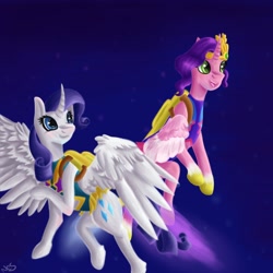 Size: 1200x1200 | Tagged: safe, artist:vhope15, pipp petals, rarity, alicorn, pony, g4, g5, my little pony: a new generation, alicornified, clothes, duo, duo female, female, flying, g4 to g5, generation leap, jetpack, leotard, mare, night, night sky, pippcorn, race swap, raricorn, sky