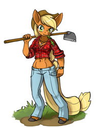 Size: 900x1200 | Tagged: safe, artist:lexx2dot0, applejack, earth pony, anthro, unguligrade anthro, clothes, cowboy hat, dirt, female, freckles, grass, hat, midriff, plaid shirt, shirt, simple background, solo, stetson, watch, white background