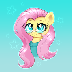 Size: 3640x3639 | Tagged: safe, artist:confetticakez, fluttershy, pegasus, pony, g4, blue background, bust, clothes, cute, female, glasses, heart, heart eyes, high res, mare, shyabetes, simple background, smiling, solo, stars, sweater, sweatershy, wingding eyes