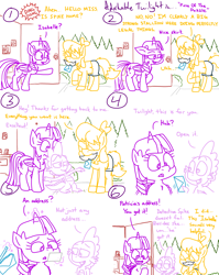 Size: 4779x6013 | Tagged: safe, artist:adorkabletwilightandfriends, moondancer, spike, twilight sparkle, oc, oc:isabelle, alicorn, dragon, earth pony, pony, unicorn, comic:adorkable twilight and friends, g4, adorkable, adorkable twilight, clothes, comic, cool, cute, disguise, door, dork, envelope, facial hair, giving, glowing, glowing horn, horn, humor, levitation, magic, magic aura, moustache, note, open door, paper-thin disguise, picture, skirt, slide, sliding, sunglasses, telekinesis, twilight sparkle (alicorn)