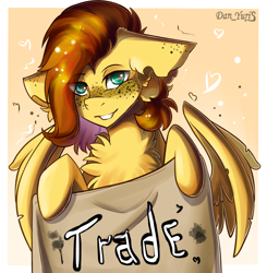 Size: 1714x1748 | Tagged: safe, artist:yuris, oc, oc only, oc:yuris, pegasus, pony, abstract background, brown mane, cute, eye clipping through hair, eyebrows, eyebrows visible through hair, female, floppy ears, freckles, gradient background, grin, heart, ocbetes, partially open wings, pegasus oc, signature, smiling, solo, trade, turquoise eyes, wings, yellow skin