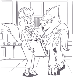 Size: 948x996 | Tagged: safe, artist:nauyaco, classical hippogriff, fox, hippogriff, anthro, clipboard, clothes, furry, hard hat, hat, high heels, monochrome, shoes, suit