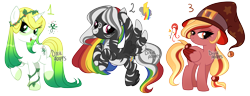 Size: 4662x1781 | Tagged: safe, artist:dixieadopts, oc, oc:radiant garden, oc:stormy rainbow, oc:velvet star, hybrid, pegasus, pony, unicorn, zebra, zebrasus, zony, coat markings, colored eartips, colored wings, female, flying, folded wings, freckles, gradient mane, gradient tail, green eyes, hat, jingle bells, magenta eyes, magical lesbian spawn, mare, multicolored hair, multicolored wings, offspring, orange eyes, pale belly, parent:granny smith, parent:luster dawn, parent:rainbow dash, parent:rarity, parent:sunset shimmer, parent:zecora, parents:grannity, parents:raincora, parents:sundawn, rainbow hair, simple background, socks (coat markings), sparkly mane, sparkly tail, spread wings, standing, standing on two hooves, stripes, tail, transparent background, vine, watermark, wings, witch hat, zebra hybrid