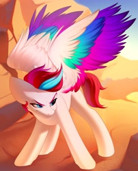 Size: 2500x3100 | Tagged: safe, artist:anniekayse, zipp storm, pegasus, pony, g5, colored wings, cool, dynamic pose, eyebrows, female, high res, mare, multicolored wings, solo, spread wings, wings