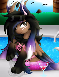 Size: 3000x3885 | Tagged: safe, artist:princessmoonsilver, oc, oc only, oc:alexus nictivia, hybrid, pegasus, pony, bikini, clothes, commission, drink, high res, looking at you, sitting, smiling, smiling at you, solo, summer, sunglasses, swimming pool, swimsuit, ych result
