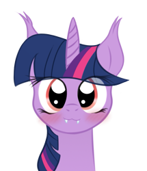 Size: 581x675 | Tagged: safe, artist:ramprover, derpibooru exclusive, twilight sparkle, alicorn, bat pony, pony, g4, :3, bat ponified, blushing, bust, cute, eye clipping through hair, fangs, female, flushed face, happy, horn, looking at you, mare, race swap, simple background, smiling, smiling at you, solo, transparent background, twiabetes, twibat, twilight sparkle (alicorn)