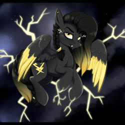 Size: 2176x2176 | Tagged: safe, artist:luxsimx, oc, oc only, oc:eldin, pegasus, pony, braid, colored wings, electricity, fangs, high res, male, solo, stallion, two toned wings, wings