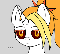 Size: 1200x1078 | Tagged: safe, artist:ramprover, oc, oc only, oc:dyx, alicorn, pony, ..., alicorn oc, black sclera, blonde, blonde mane, bust, female, gray background, horn, lidded eyes, looking sideways, mare, portrait, simple background, solo, unamused, vector, wings
