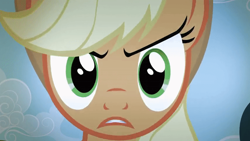Size: 800x450 | Tagged: safe, screencap, applejack, earth pony, pony, bats!, g4, season 4, angry, animation error, close-up, female, looking at you, mare, narrowed eyes, solo, stop the bats
