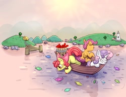 Size: 2000x1538 | Tagged: safe, artist:nedemai, apple bloom, scootaloo, sweetie belle, earth pony, fish, pegasus, pony, unicorn, g4, atg 2022, boat, cutie mark crusaders, dead, dynamite, explosives, female, filly, fishing, foal, newbie artist training grounds, this will end in explosions, this will end in tears and/or death and/or covered in tree sap, tnt, trio, x eyes