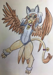Size: 2812x3956 | Tagged: safe, artist:schwarz, oc, oc:zahnrad, griffon, animal costume, bells, cat costume, clothes, costume, goggles, high res, traditional art, watercolor painting