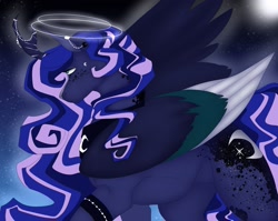 Size: 2048x1632 | Tagged: safe, artist:inisealga, princess luna, alicorn, pony, g4, alternate hairstyle, colored wings, female, folded wings, halo, horn, jewelry, mare, moon, multicolored hair, multicolored mane, night, redesign, regalia, solo, wings