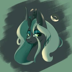 Size: 3272x3272 | Tagged: safe, artist:poxy_boxy, queen chrysalis, alicorn, pony, g4, bust, crown, eye clipping through hair, eyeshadow, female, frown, greenscale, high res, jewelry, lidded eyes, looking at you, looking sideways, makeup, mare, monochrome, ponified, regalia, signature, solo